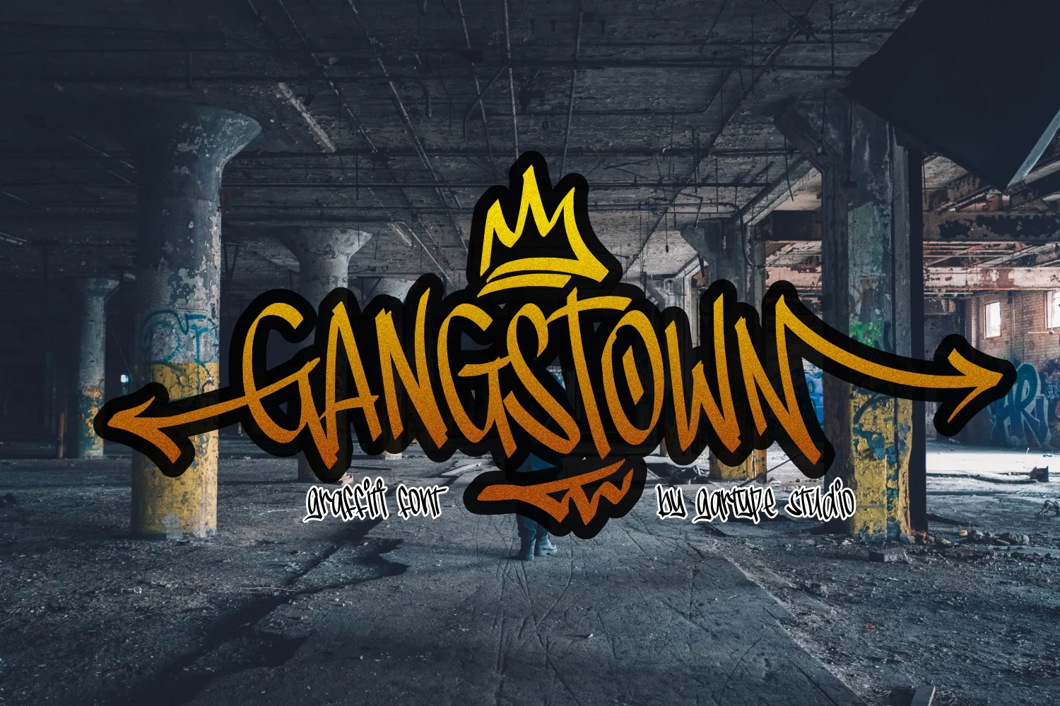 Gangstown Font with bold connected graffiti letterforms, sharp angular joints, and extended arrow-like swashes.