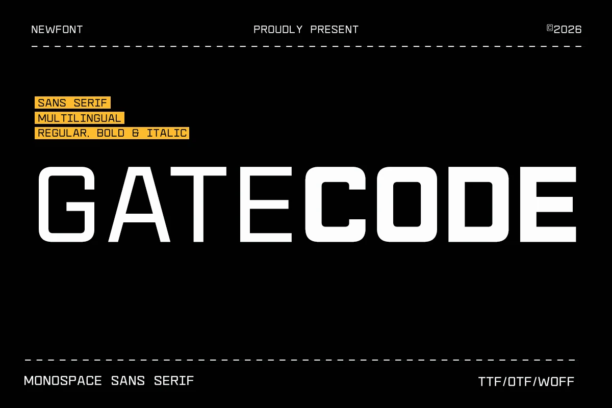 Gatecode Font in a heavy monospaced sans serif style with square outer forms and rounded interior corners.