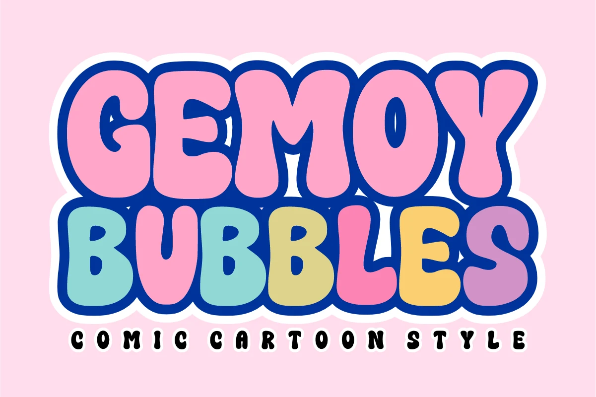 Gemoy Bubbles Font with chunky rounded bubble letters, heavy strokes, and a thick outline.
