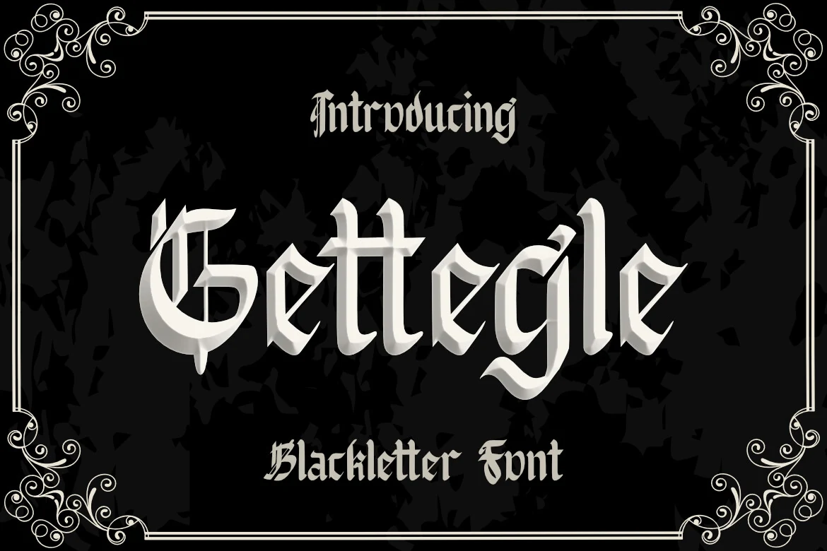Gettegle Font with sharp angular letterforms, high contrast, and pointed terminals in a gothic blackletter style.