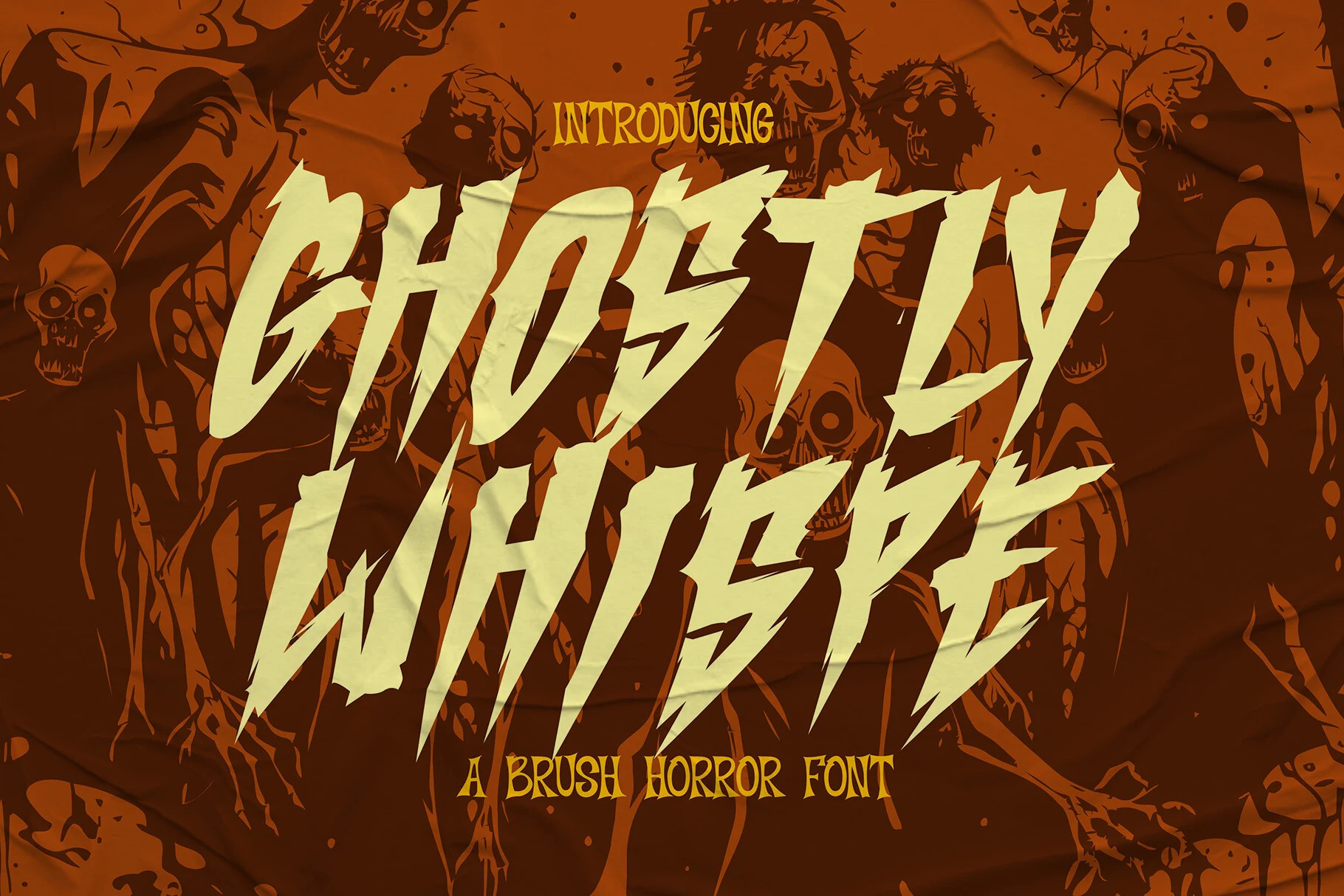 Ghoslty Whispe Font with jagged brush strokes, sharp terminals, and an irregular forward slant.