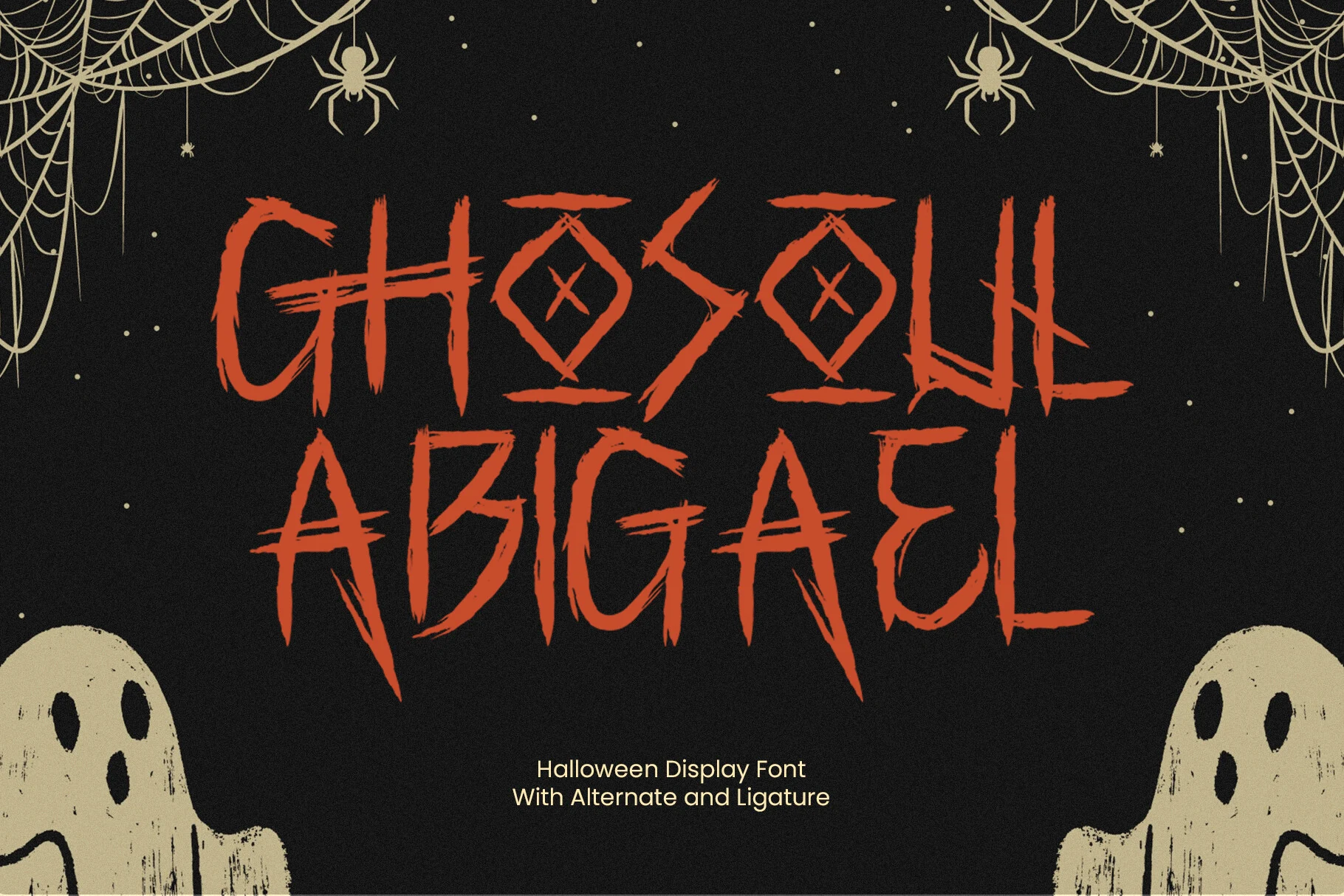 Ghosoul Abigael Font features a distressed brush-stroke texture, jagged letterforms, and angular ornamental crossbars.