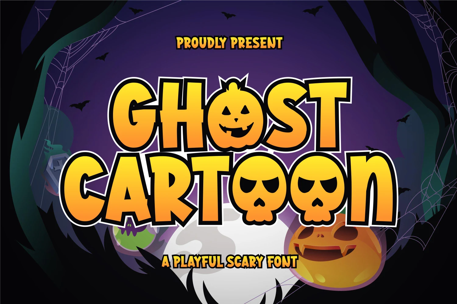 Ghost Cartoon Font with heavy rounded bubbly letters and jack-o'-lantern and skull character substitutions.