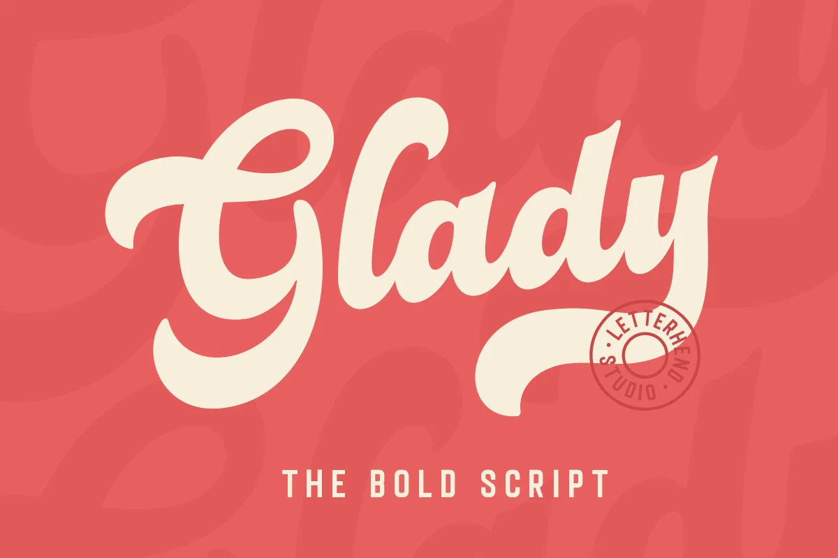 Glady Font is a bold connected script with rounded terminals, fluid character connections, and a moderate forward slant.