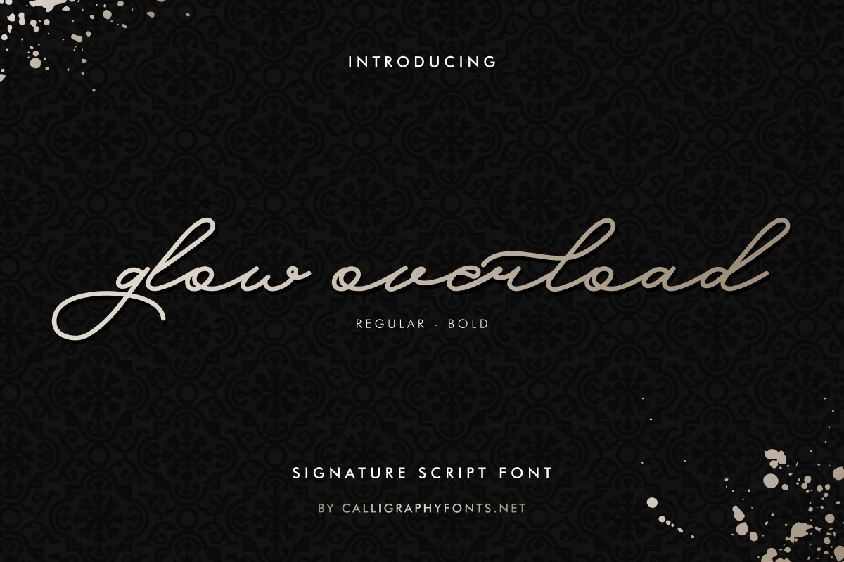 Glow Overload Font is a thin signature script with fluid connected letters, pronounced loops, and elongated entry and exit strokes.
