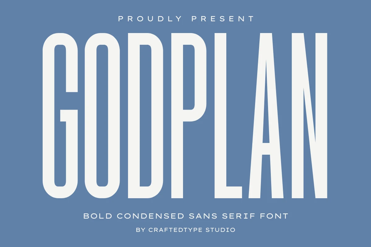 Godplan Font is a bold, extremely condensed sans serif with tall vertical forms and monolinear strokes.