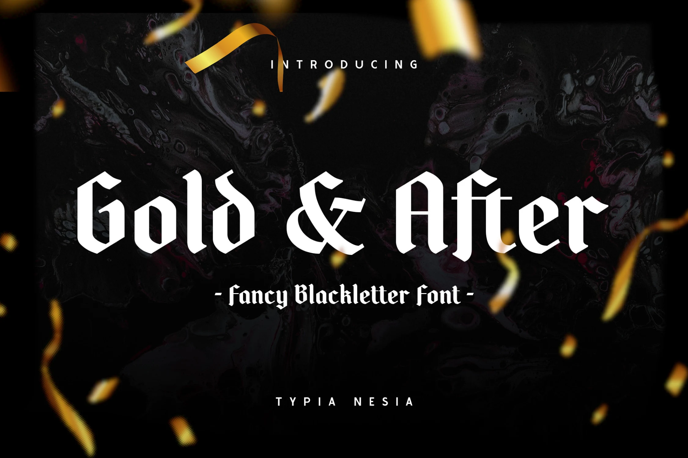 Gold and After Font features narrow gothic letterforms with pointed terminals and high stroke contrast.
