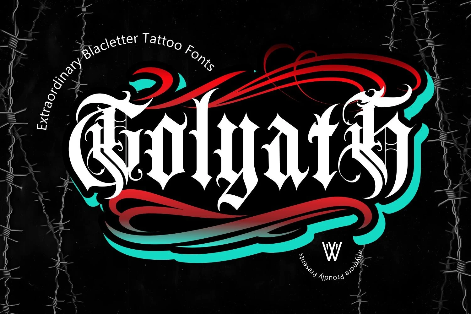 Golyath Font displayed as a heavy blackletter typeface with sharp diamond terminals, angular strokes, and ornamental swashes.