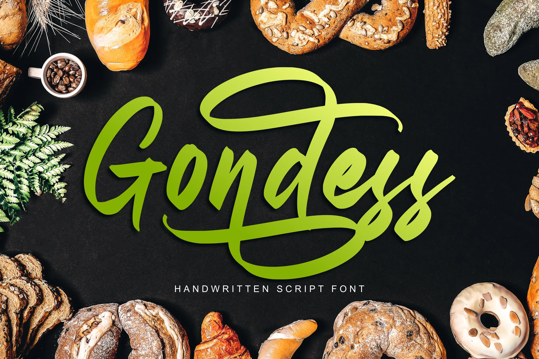 Gondess Font features bold connected script lettering with high stroke contrast, exaggerated loops, and sweeping flourishes.