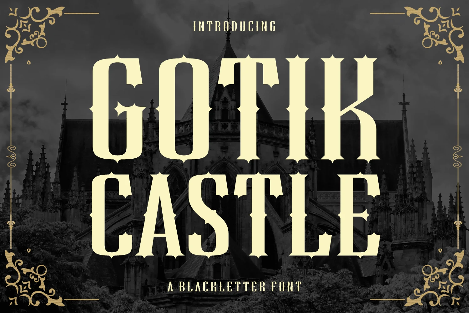 Gothic Castle Font is a bold, condensed blackletter display typeface with sharp thorn-like serifs and high stroke contrast.