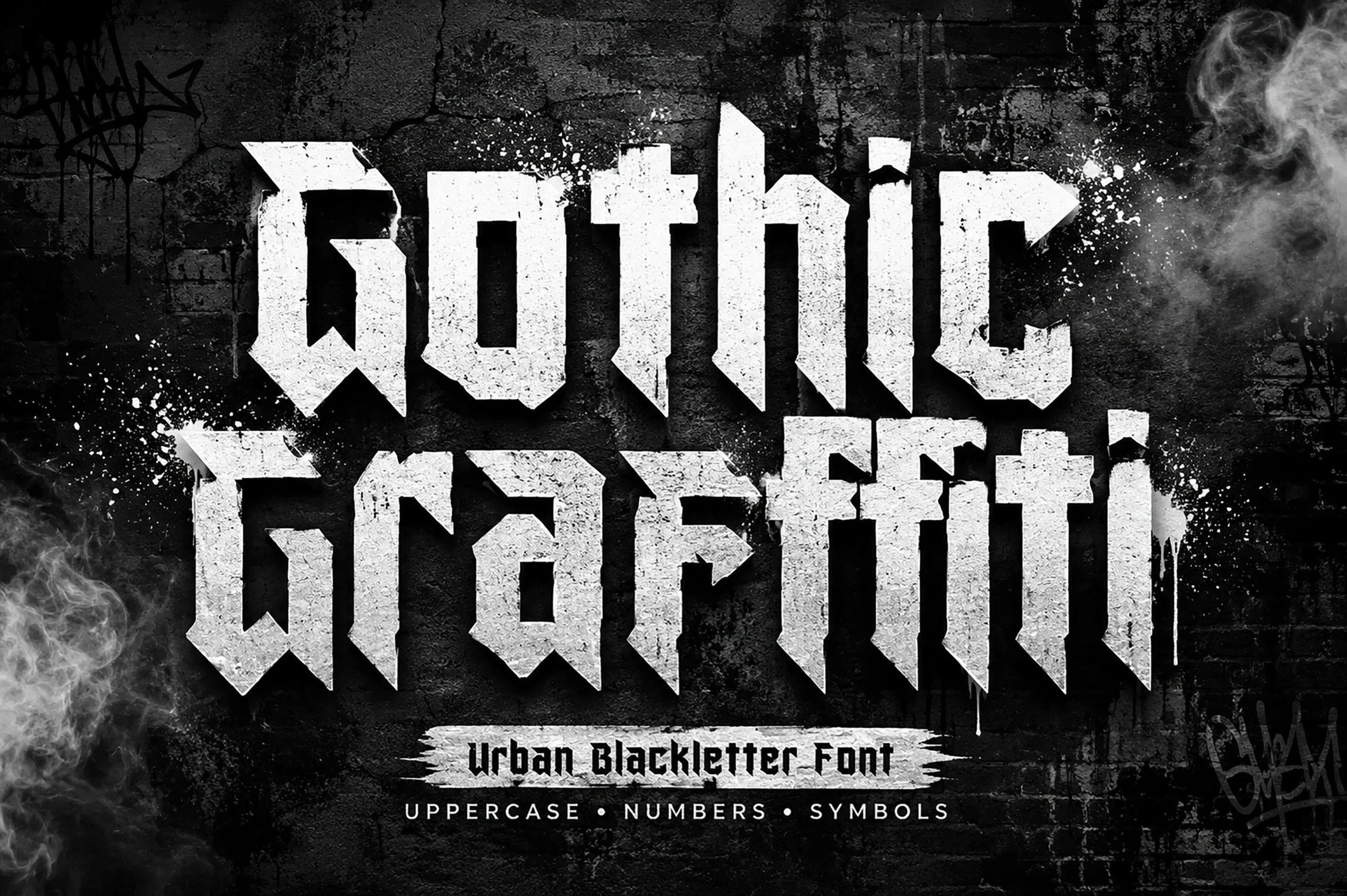 Gothic Graffiti Font features sharp, jagged blackletter letterforms with heavy strokes and narrow proportions.