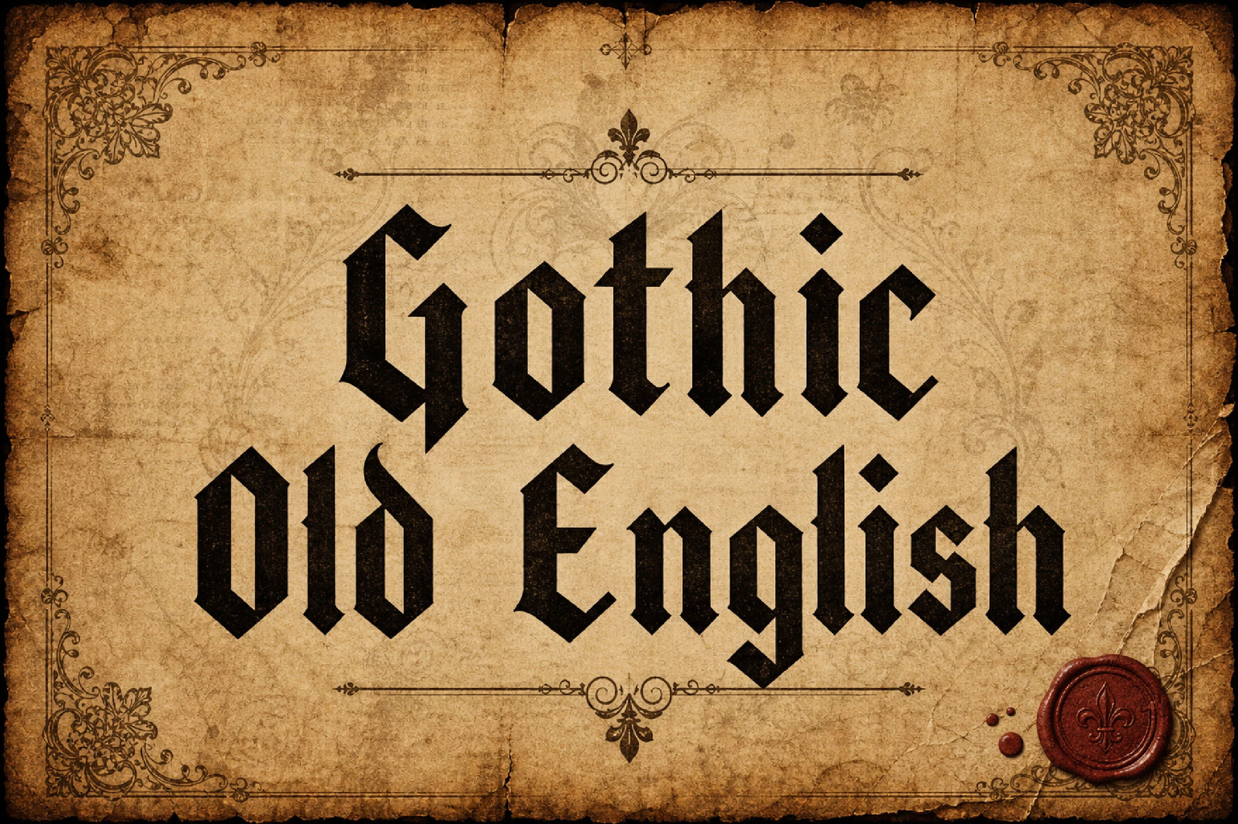 Gothic Old English Font with dense angular blackletter forms, diamond-shaped terminals, and upright vertical strokes.