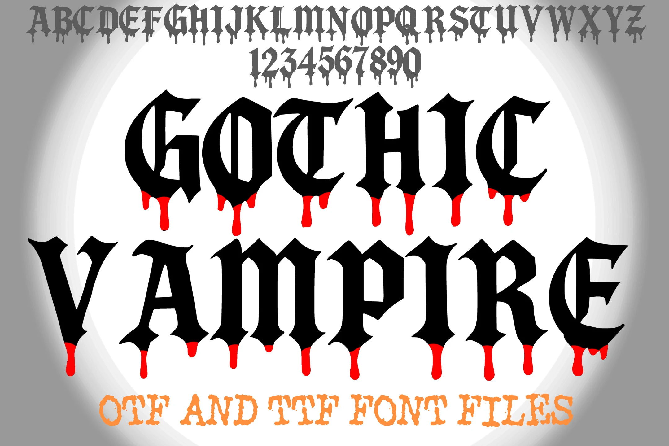 Gothic Vampire Font preview showing sharp blackletter uppercase letters and numerals with dripping effects.