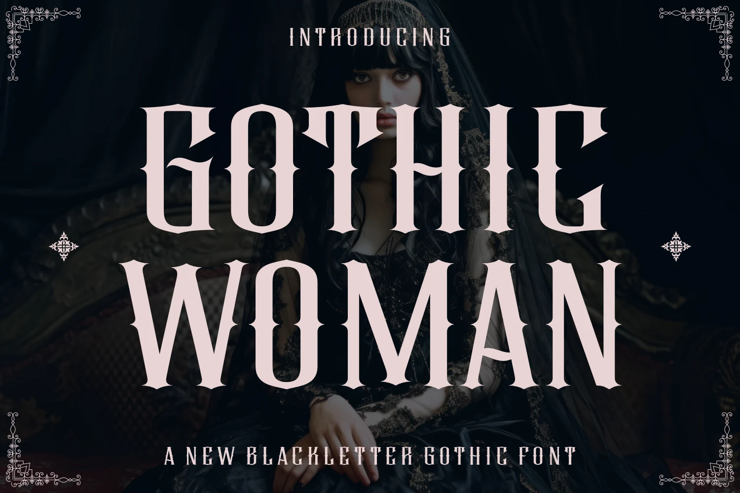 Gothic Woman Font featuring a high-contrast blackletter style with sharp flared terminals and condensed upright letterforms.