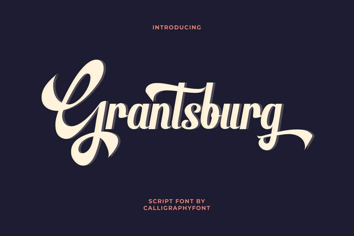 Grantsburg Font features connected cursive letterforms, a pronounced rightward slant, and flourished entry and exit strokes.