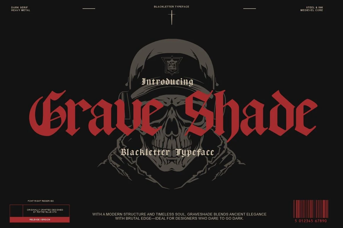 Grave Shade Font is a bold Blackletter display typeface with sharp angular forms, pointed terminals, and heavy vertical strokes.