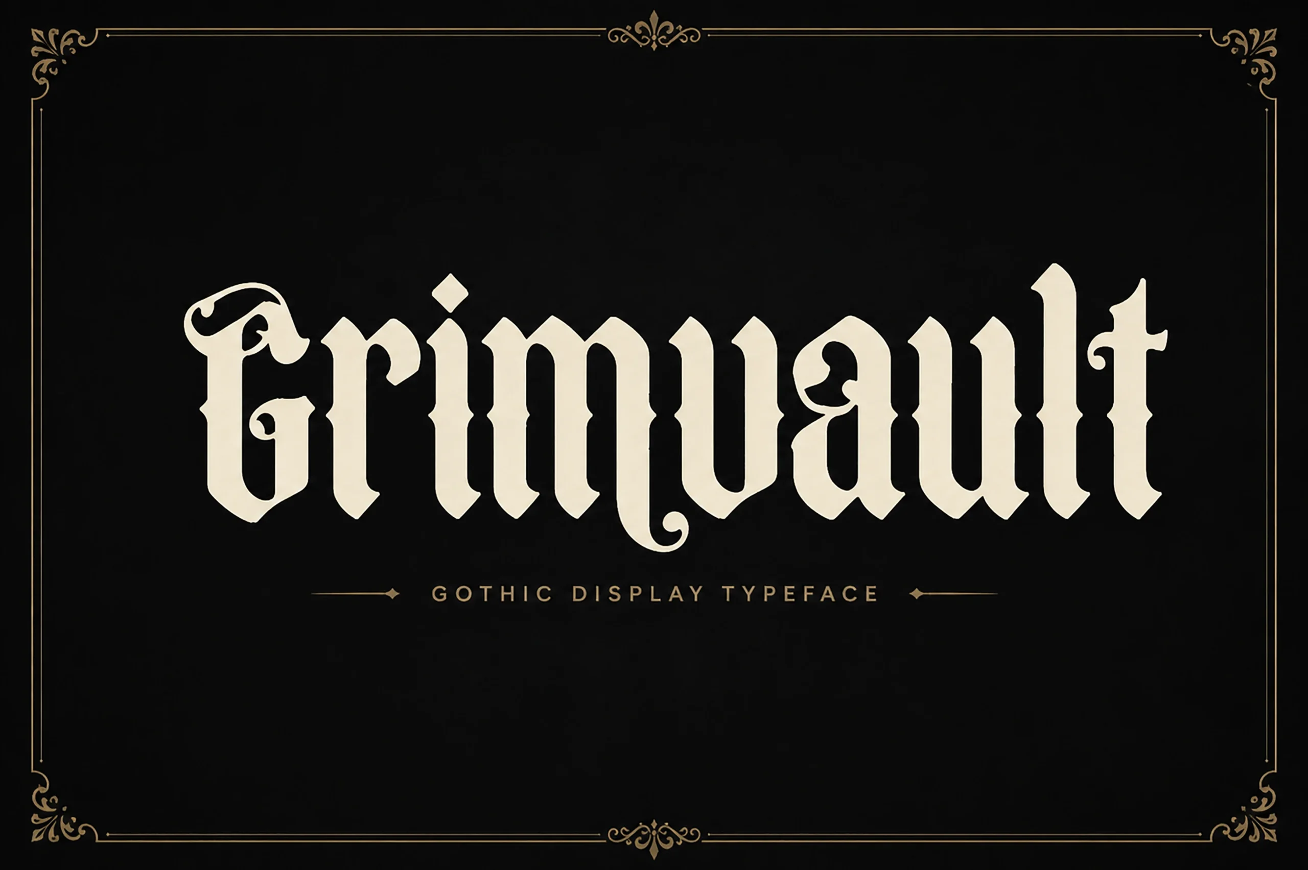 Grimvault Font in a bold, angular Gothic style with pointed terminals and decorative flourishes on the capital G.