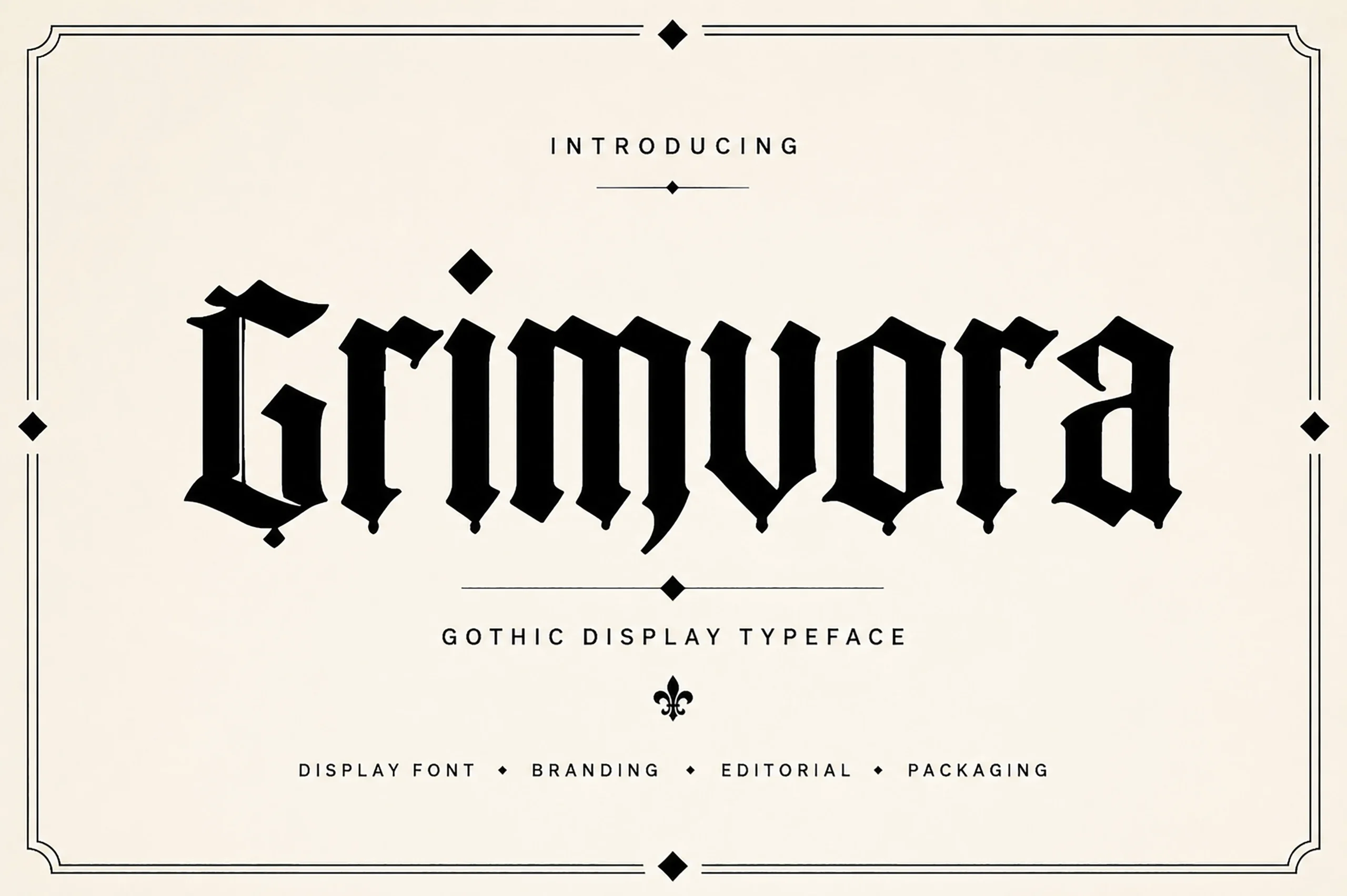 Grimvora Font features bold Blackletter forms with sharp angular terminals, high stroke contrast, and compressed vertical proportions.
