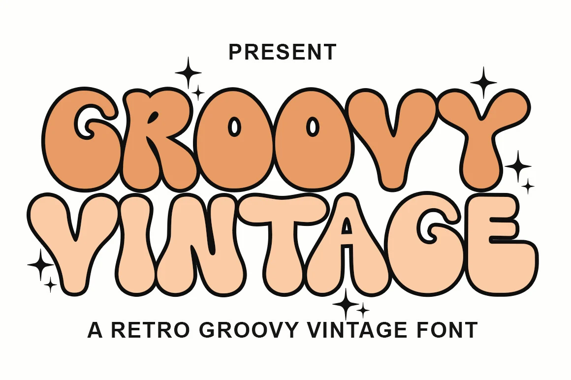 Groovy Vintage Font preview in a stacked bubble-letter style with thick rounded strokes and tightly overlapping characters.