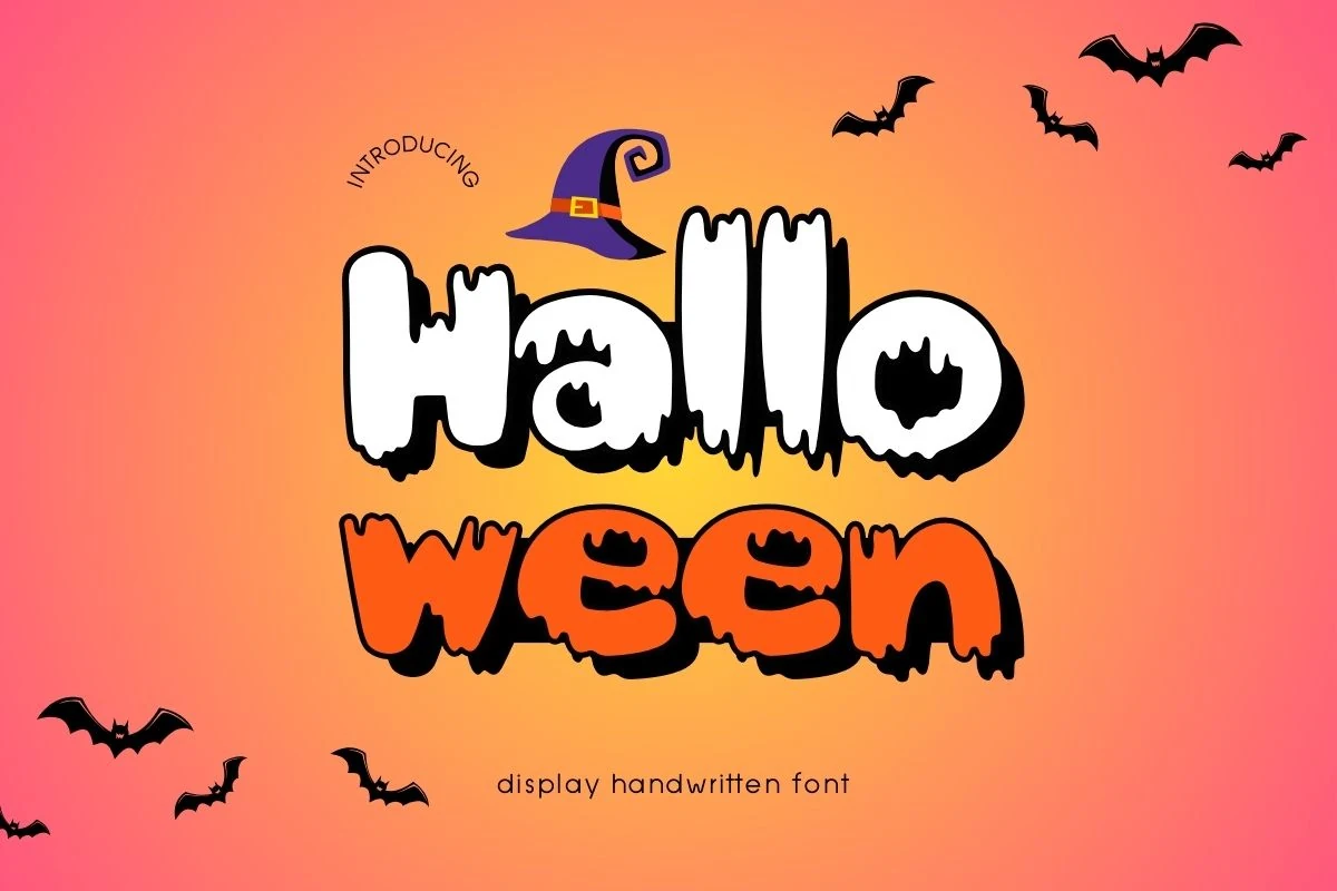 Halloween Font features bold upright lettering with rounded bulbous shapes and dripping liquid-like terminals.