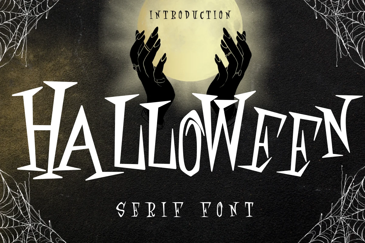 Halloween Font features a high-contrast serif design with sharp triangular serifs, elongated strokes, and a jagged baseline.