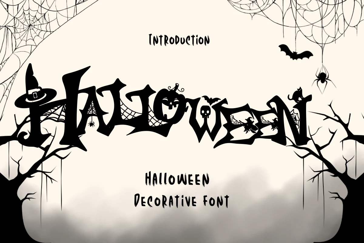 Halloween Font with bold illustrated letters, sharp angular terminals, and integrated witch hats, spider webs, bats, and skull silhouettes.