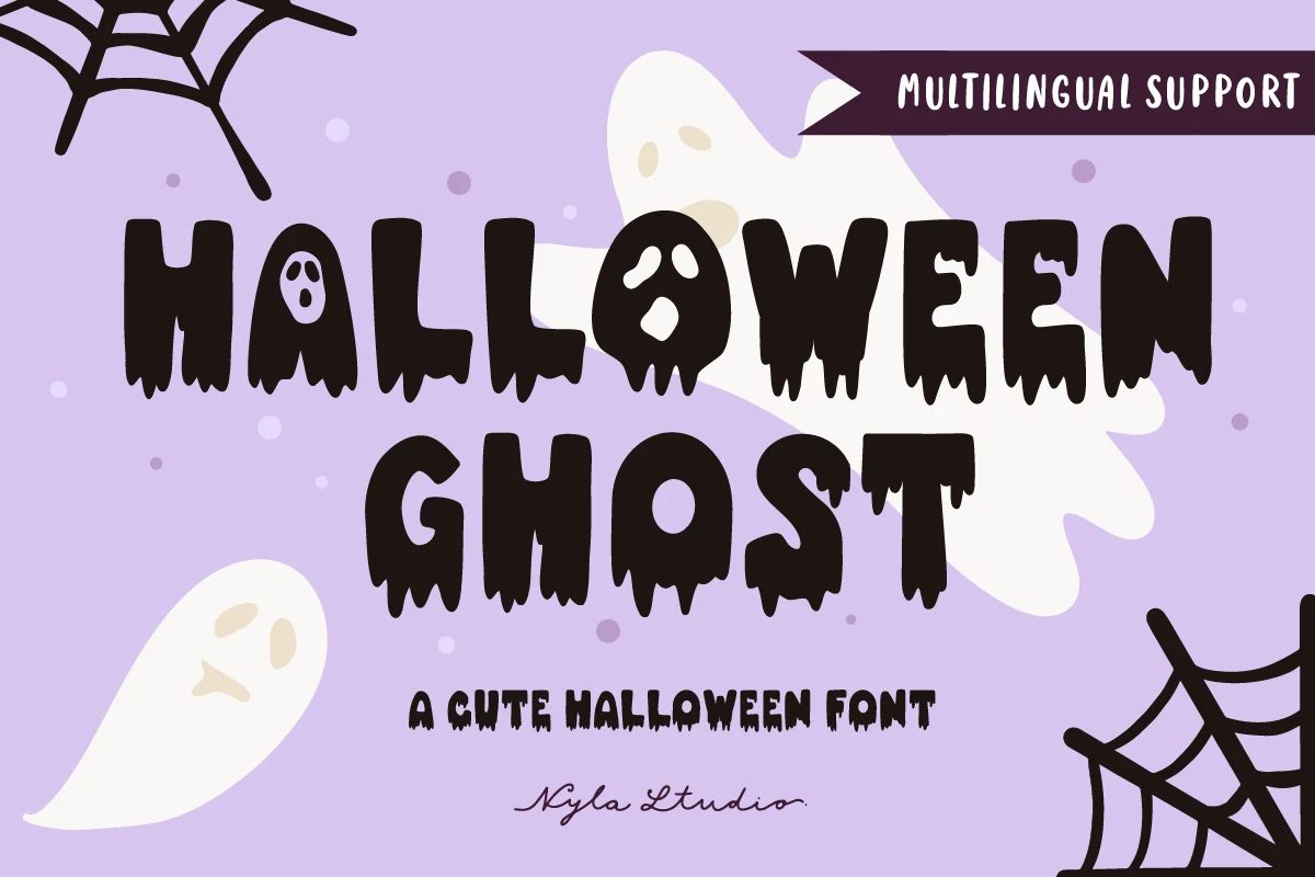 Halloween Ghost Font is a bold display typeface with dripping uneven terminals, blocky letterforms, and ghost-like facial features in select letters.