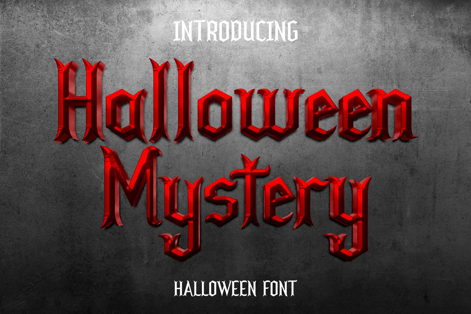Halloween Mystery Font in a bold Gothic blackletter style with high contrast, pointed terminals, and strong vertical forms.
