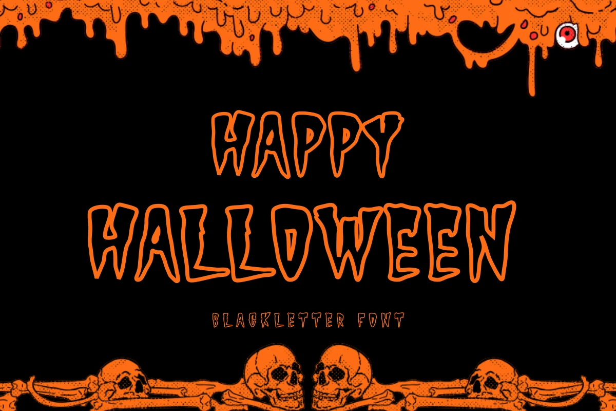 Happy Halloween 1 Font with bold condensed lettering, jagged edges, and dripping-style strokes.