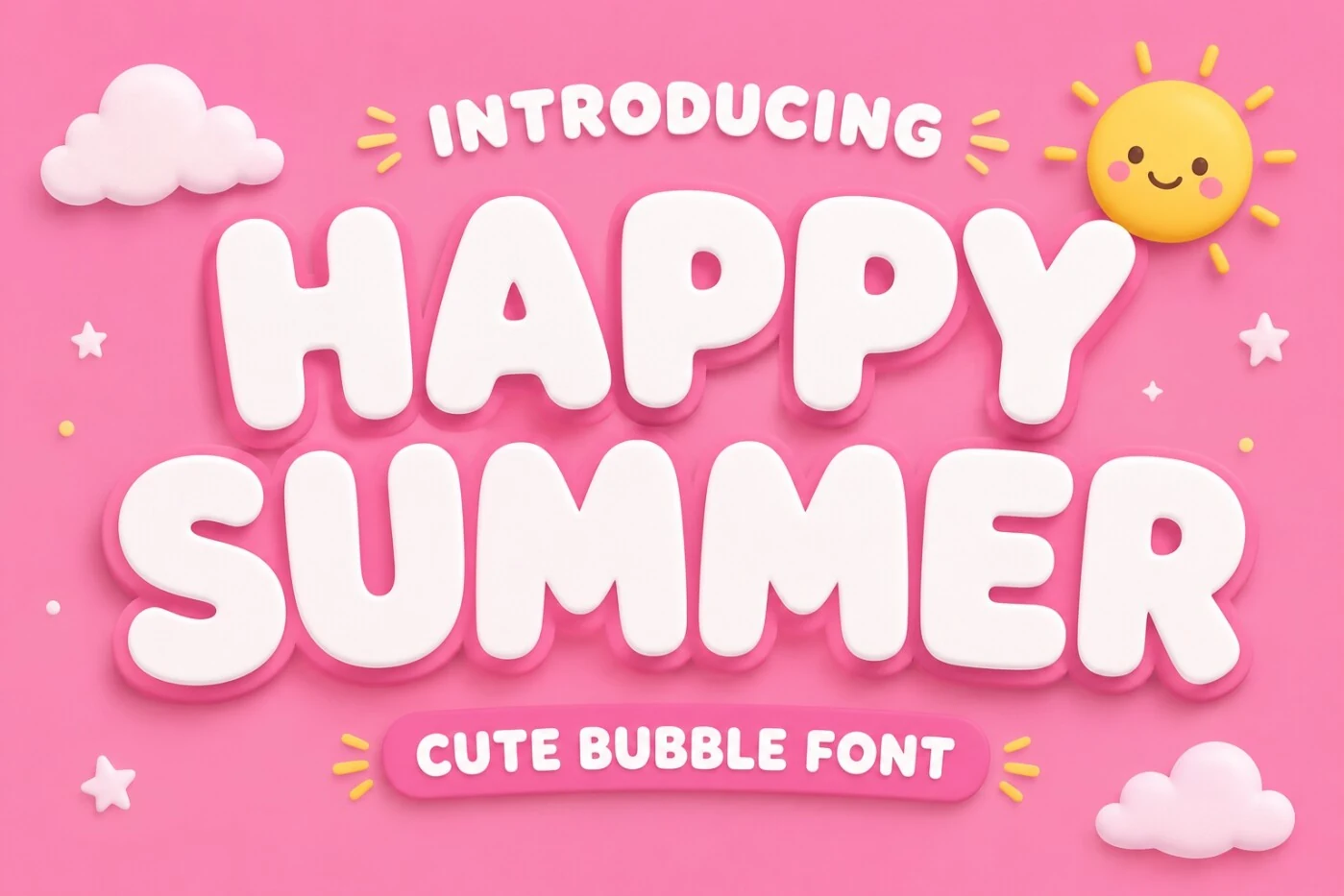 Happy Summer font with bold rounded letterforms, thick bubble-like strokes, and a dimensional shadowed appearance.