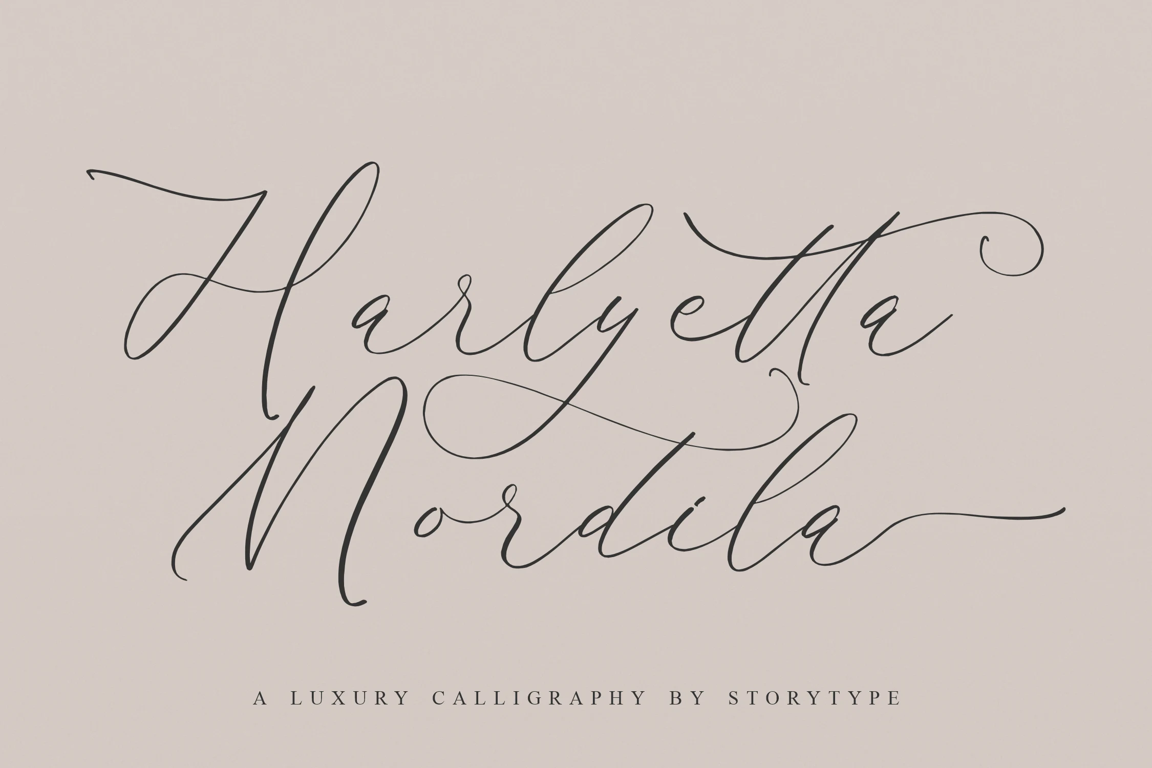 Harlyetta Mordila Font featuring an elegant, flowing script with high-contrast strokes, connected letterforms, and extended flourishes.
