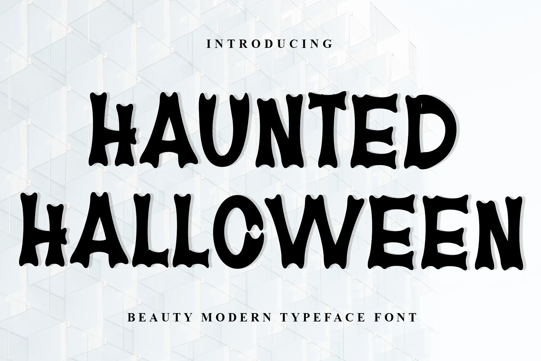Haunted Halloween Font preview showing a bold bone-inspired display typeface with flared terminals and irregular organic letterforms.