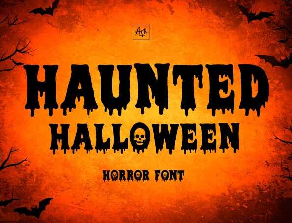 Haunted Halloween Font with heavy block letters, dripping lower edges, and a skull replacing the letter O.