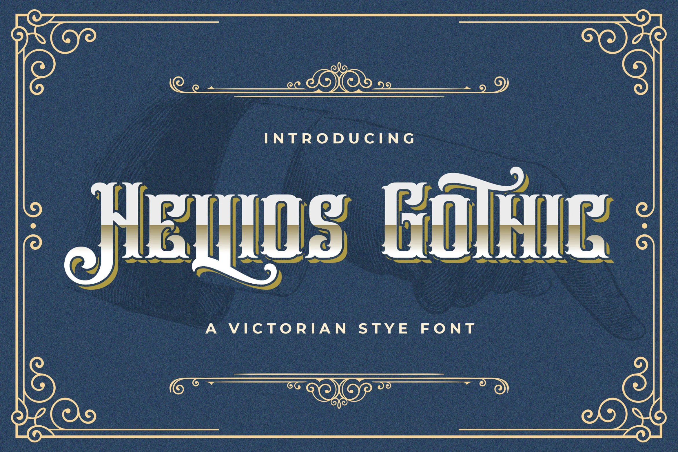 Hellios Gothic Font featuring Thick vertical strokes with sharp, flared terminals and Ornate sweeping swashes on initial and final characters