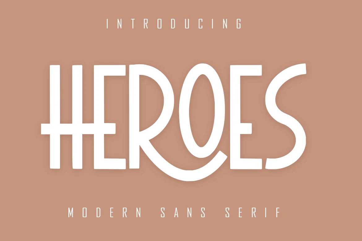 Heroes Font shown in a bold stylized display sans serif with high contrast, an extended bar on the H, and a curved descender on the R.