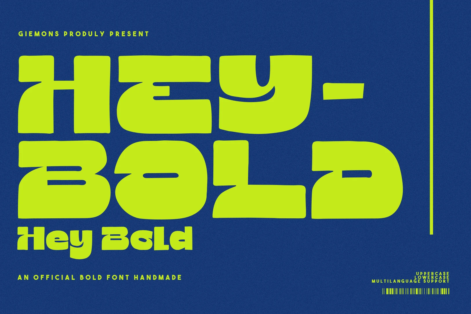 Hey Bold Font features ultra-heavy, extended sans-serif letterforms with rounded corners and horizontal cut-outs.