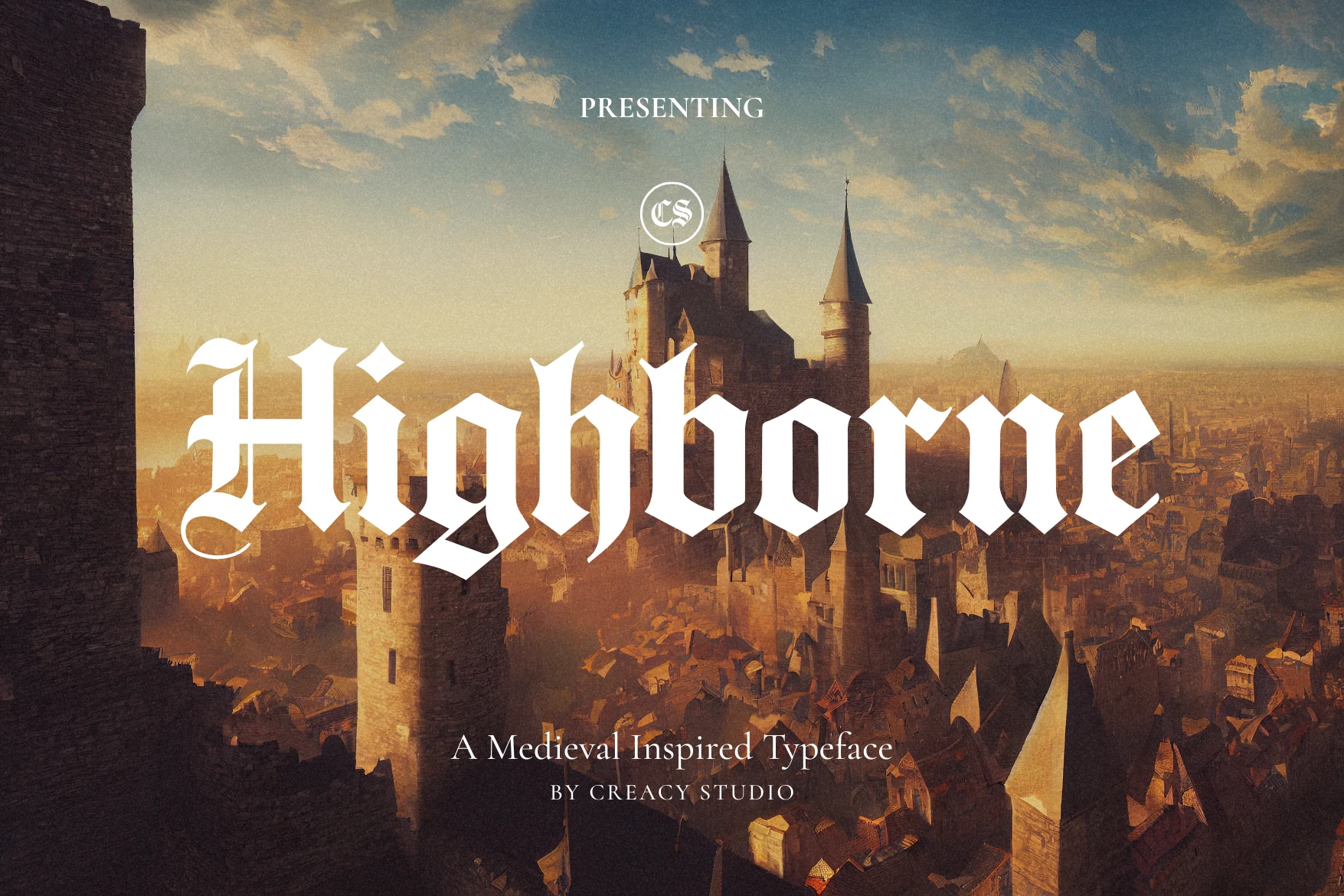 Highborne Font is a bold, condensed blackletter display typeface with sharp angular terminals and rigid vertical strokes.