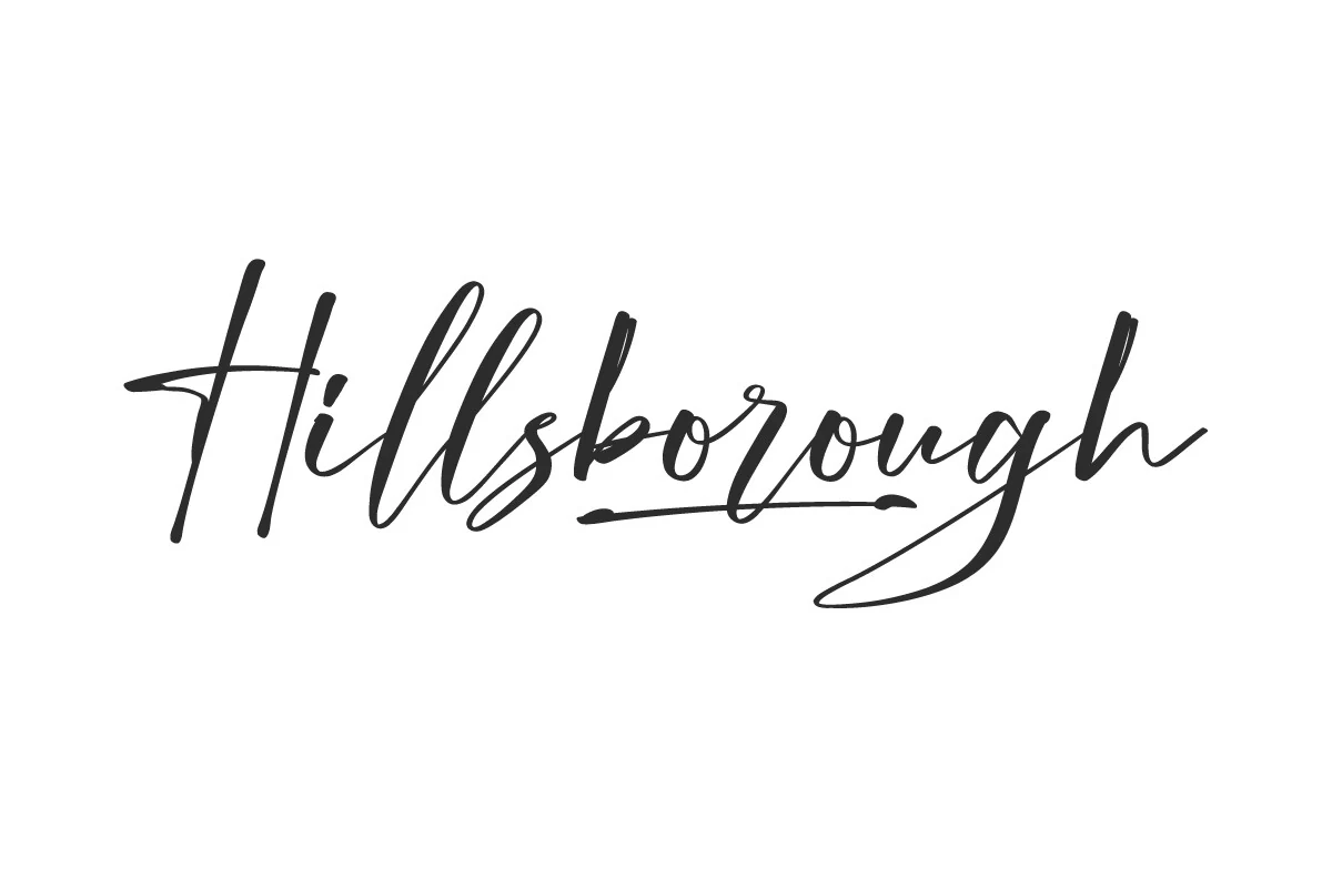 Hillsborough Font shown in a connected cursive script with looped ascenders and descenders and a slightly slanted rhythm.