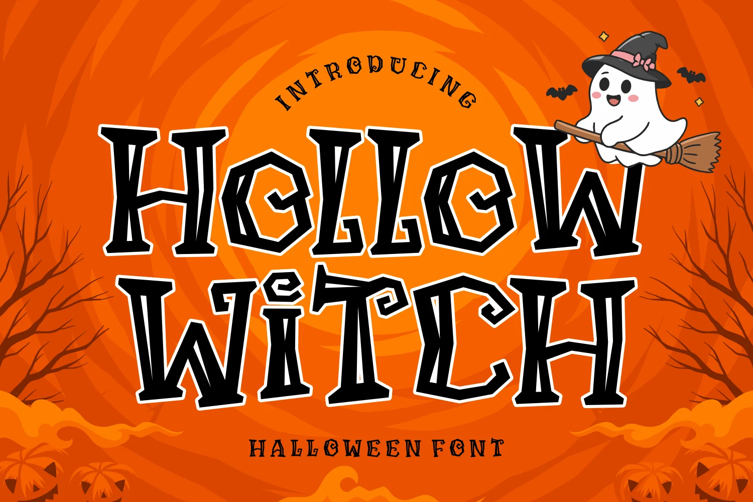 Hollow Witch Font features bold, blocky letters with fragmented stencil-like strokes and jagged angular edges.