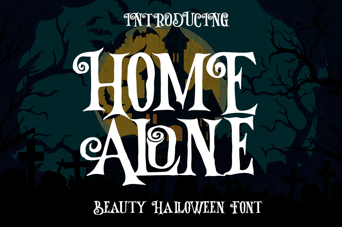Home Alone Font displayed in a sharp-edged serif style with high contrast and curled scroll terminals.