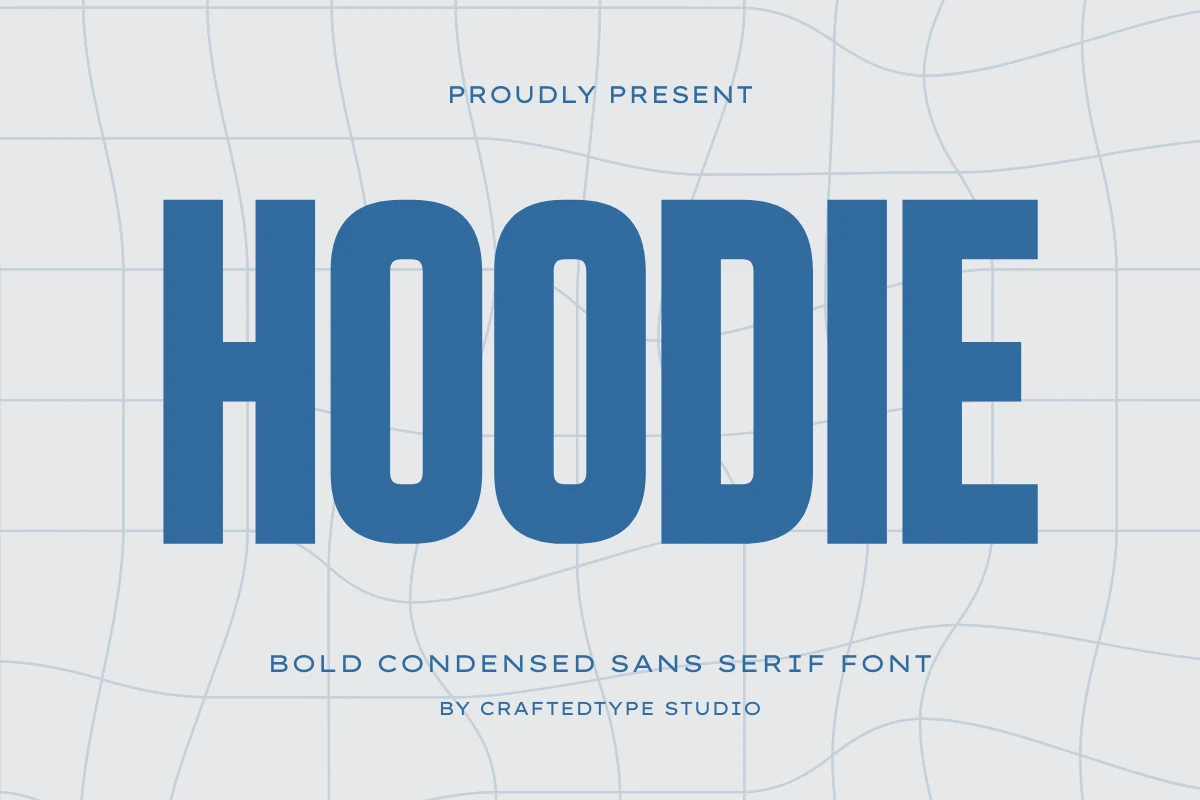 Hoodie Font is a bold condensed sans-serif typeface with geometric letterforms, upright proportions, and squared-off terminals.