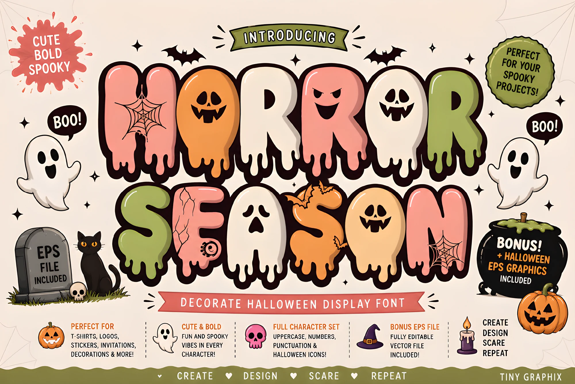 Horror Season Font features rounded bubble-like letters, dripping bottoms, and integrated spooky facial and cobweb details.