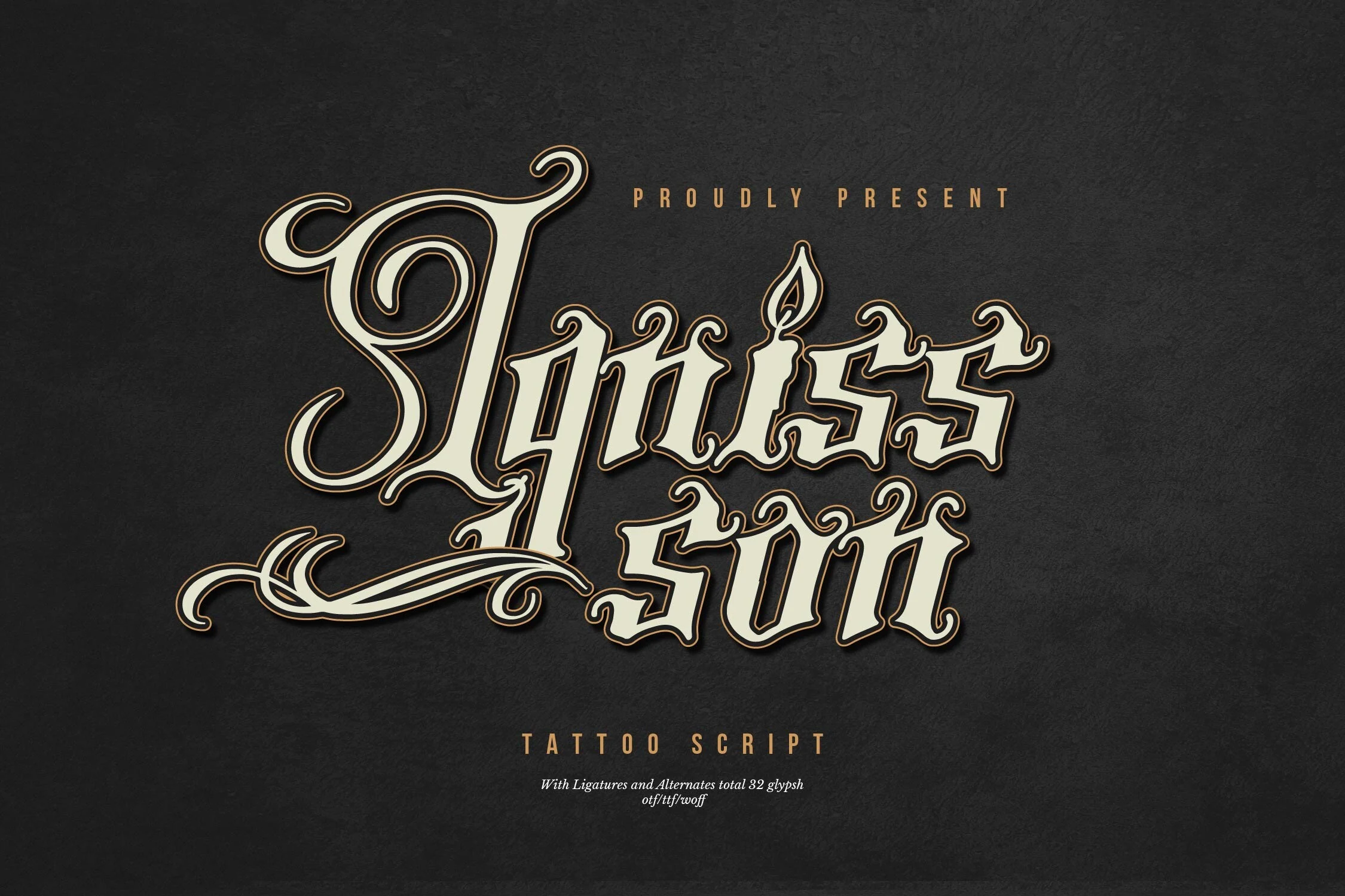 Igniss Son Font featuring bold gothic blackletter forms, sharp angular terminals, and sweeping calligraphic swashes.