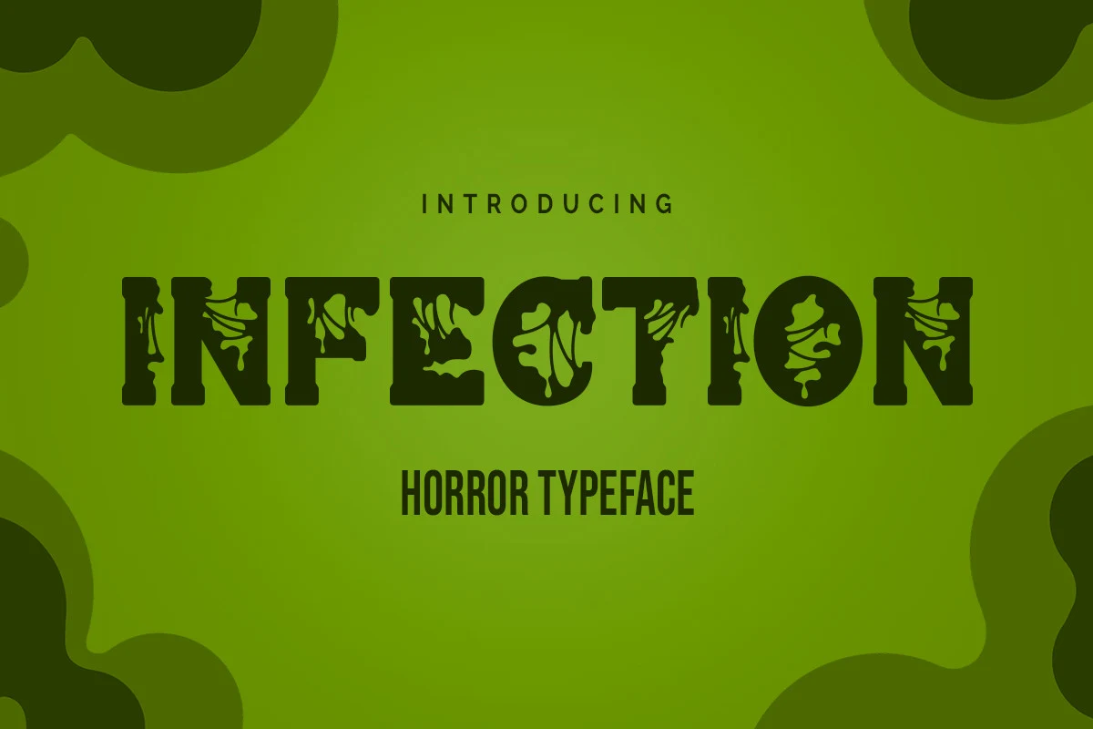 Infection Font in a heavy decayed slab-serif style with irregular internal cutouts and eroded dripping edges.