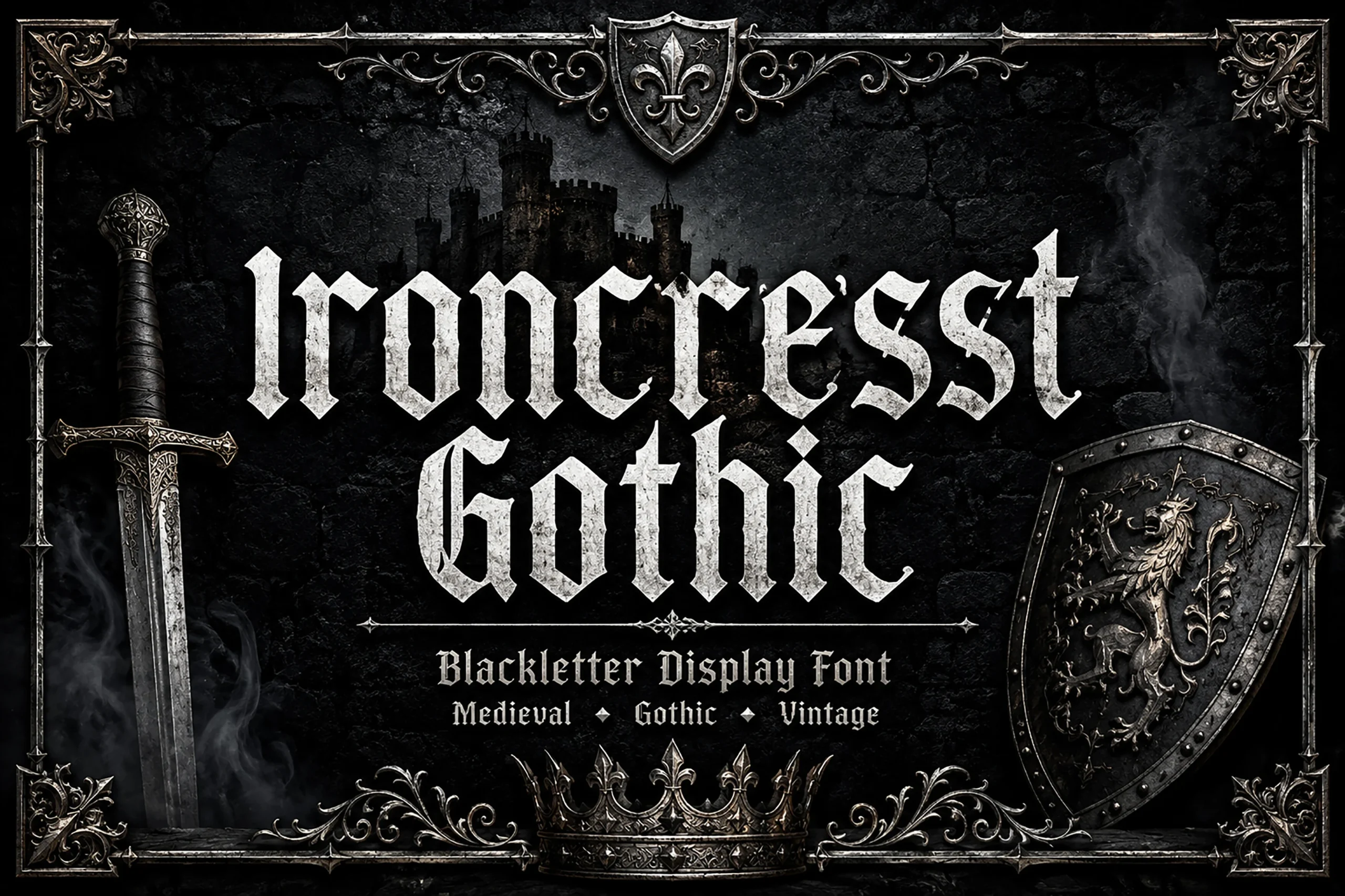 Ironcrest Gothic Font with bold condensed blackletter forms, sharp angular terminals, and a textured stone-like surface.