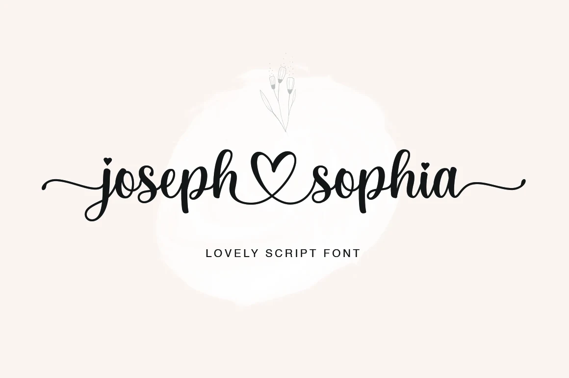 Joseph Sophia Font is a connected monolinear script with a heart-shaped flourish, decorative swashes, and small heart accents.