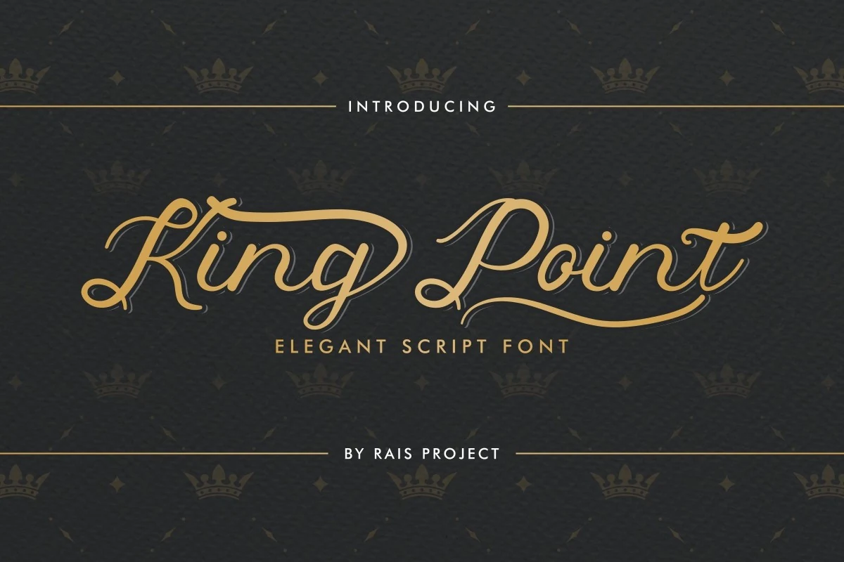 King Point Font displaying connected, high-contrast calligraphic lettering with a pronounced slant and sweeping swashes.