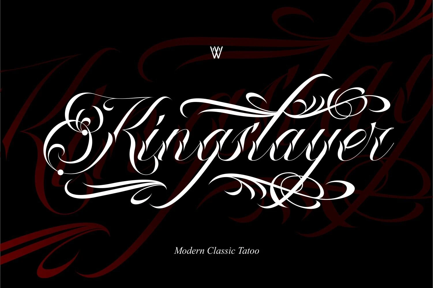 King Slayer Font featuring connected calligraphic lettering with high-contrast strokes, a rightward slant, and elaborate ornamental swashes.