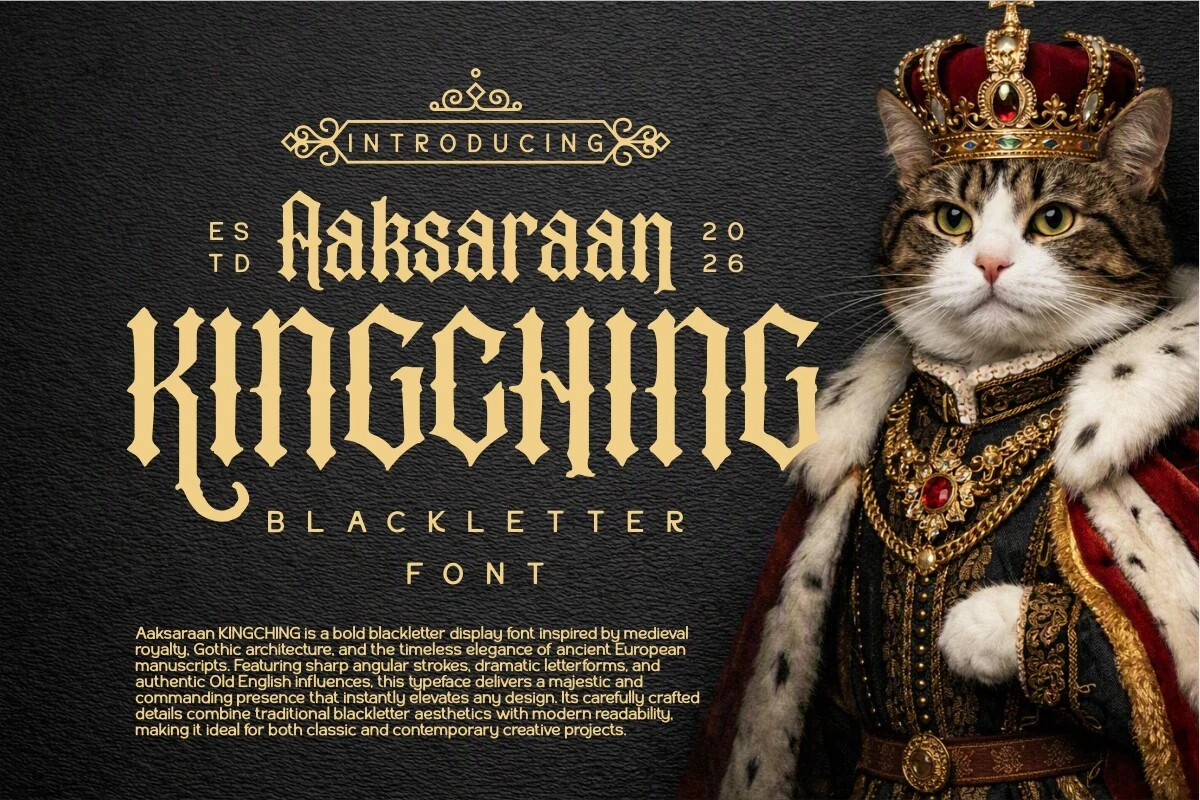 Kingching Font is a bold blackletter display typeface with sharp angular strokes, condensed proportions, and high contrast.