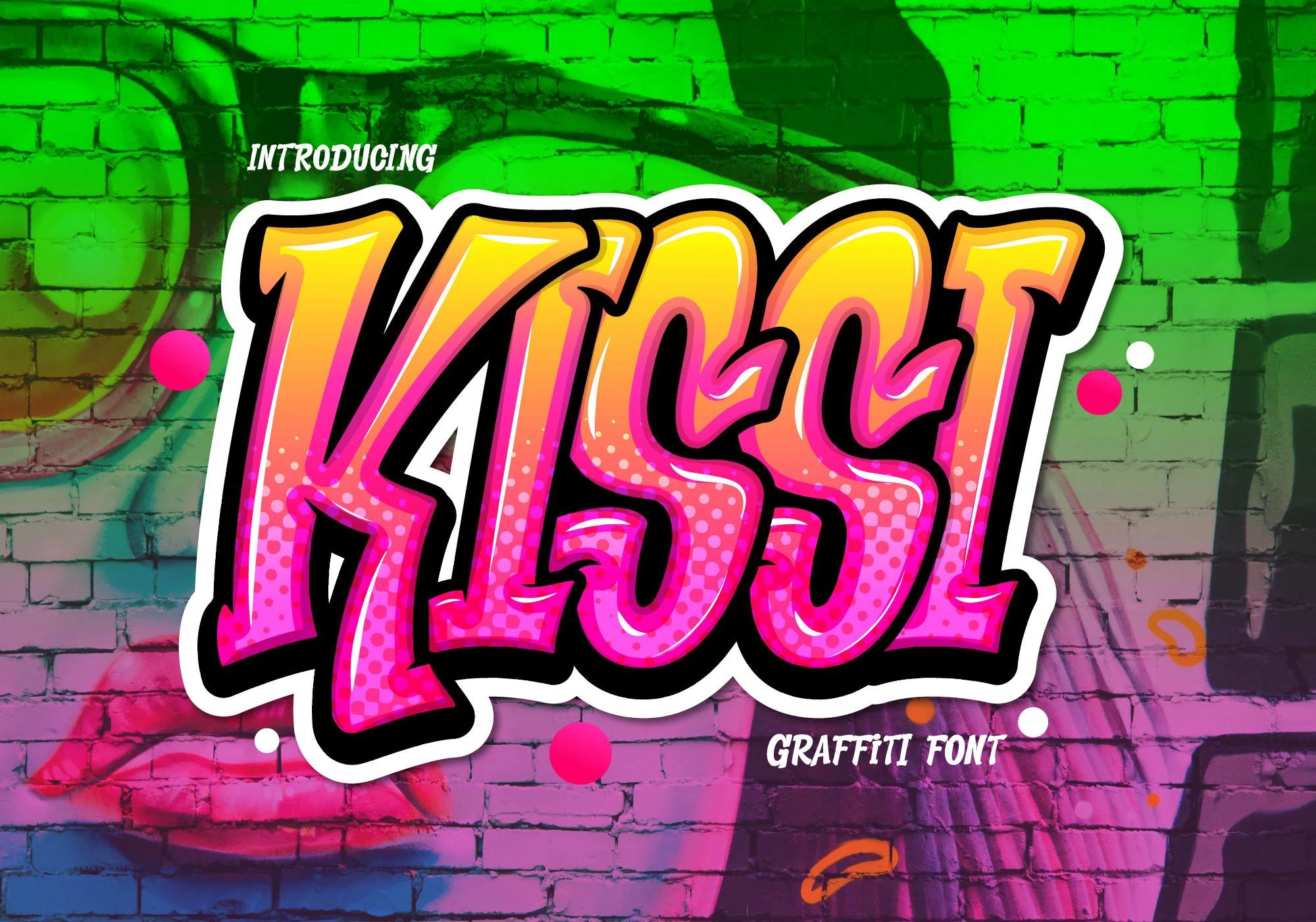 Kissi Font shown in bold, disconnected graffiti-style letters with sharp terminals and halftone texture.